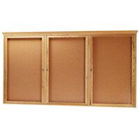 Aarco Enclosed Indoor Hinged Locking 3 Door Bulletin Board with Natural Oak Frame and Crown Molding