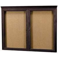 Aarco Enclosed Hinged Locking 2 Door Bulletin Board with Walnut Finish and Crown Molding