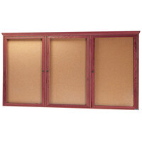 Aarco Enclosed Indoor Hinged Locking 3 Door Bulletin Board with Cherry Frame and Crown Molding