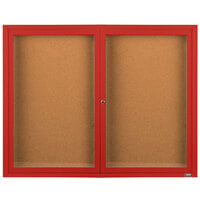 Aarco Enclosed Hinged Locking 2 Door Powder Coated Red Finish Indoor Bulletin Board Cabinet