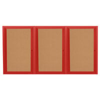 Aarco Enclosed Hinged Locking 3 Door Powder Coated Red Finish Indoor Bulletin Board Cabinet