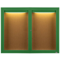 Aarco Enclosed Hinged Locking 2 Door Powder Coated Green Finish Indoor Lighted Bulletin Board Cabinet