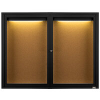 Aarco Enclosed Hinged Locking 2 Door Powder Coated Black Finish Indoor Lighted Bulletin Board Cabinet