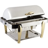 Bon Chef 10040 Manhattan 8 Qt. Stainless Steel with Brass Accents Roll Top Chafer with Vented Lid