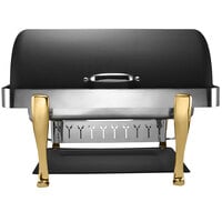 Bon Chef 19040-NERO Elite Rectangle 8 Qt. Dripless Nero Finish with Brass Accents Roll Top Chafer with Roman Legs
