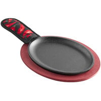Lodge LFSR3 10" x 7 1/2" Oval Pre-Seasoned Cast Iron Fajita Skillet with Red Wood Underliner and Chili Pepper Handle Holder