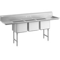 Regency 16 Gauge Stainless Steel Three Compartment Commercial Sink with Cross Bracing and Two Drainboards - 18 inch x 18 inch x 14 inch Bowls