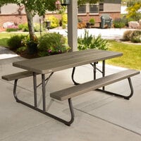 Lifetime 60105 30 inch x 72 inch Rectangular Brown Plastic Folding Picnic Table with Attached Benches