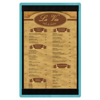 Menu Solutions WDSTR-A Sky Blue 5 1/2" x 8 1/2" Customizable Wood Menu Board with Top and Bottom Strips