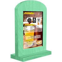 Menu Solutions WTARCH-B 5" x 7" Washed Teal Arched Wood Menu Tent with Straight Base