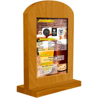 Menu Solutions WTARCH-B 5" x 7" Country Oak Arched Wood Menu Tent with Straight Base