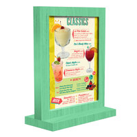 Menu Solutions WTFR-A 4" x 6" Washed Teal Framed Wood Menu Tent with Straight Base