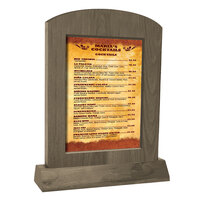 Menu Solutions WTARCH-B-2S 5" x 7" Weathered Walnut Arched Wood Menu Tent with Angled Base
