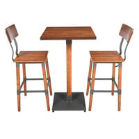 Lancaster Table & Seating Industrial 24" Square Antique Walnut Solid Wood Live Edge Bar Height Table with 2 Bar Stools