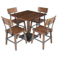 Lancaster Table & Seating Industrial 30" Square Antique Walnut Solid Wood Live Edge Standard Height Table with 4 Chairs