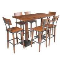 Lancaster Table & Seating Industrial 30" x 60" Antique Walnut Solid Wood Live Edge Bar Height Table with 6 Bar Stools