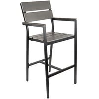 BFM Seating Seaside Black Aluminum Outdoor / Indoor Armed Bar Height Chair with Gray Synthetic Teak Back and Seat