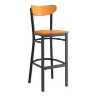 Lancaster Table & Seating Boomerang Series Black Finish Bar Stool with Cherry Wood Seat and Back