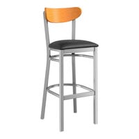 Lancaster Table & Seating Boomerang Series Clear Coat Finish Bar Stool with Black Vinyl Seat and Cherry Wood Back