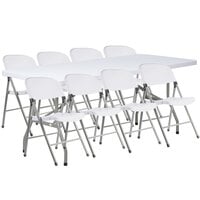 Lancaster Table & Seating 30" x 72" Granite White Heavy-Duty Blow Molded Plastic Folding Table with 8 White Folding Chairs