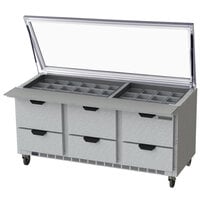 Beverage-Air SPED72HC-30M-6-STL 72" 6 Drawer Mega Top Glass Lid Refrigerated Sandwich Prep Table