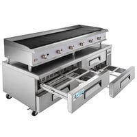 Cooking Performance Group 72CBLRBNL 72" Gas Lava Briquette Charbroiler with 72", 4 Drawer Refrigerated Chef Base - 240,000 BTU