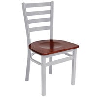 BFM Seating Lima Silver Mist Steel Side Chair with Mahogany Wooden Seat