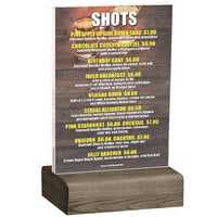 Menu Solutions WBCL-B 5" x 7" Clear Acrylic Table Tent with Solid Weathered Walnut Wood Base