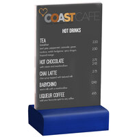 Menu Solutions WBCL-A 4" x 6" Clear Acrylic Table Tent with Solid True Blue Wood Base