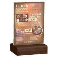 Menu Solutions WBCL-E 5 1/2" x 8 1/2" Clear Acrylic Table Tent with Solid Walnut Wood Base