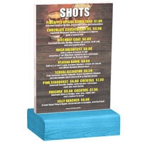 Menu Solutions WBCL-B 5" x 7" Clear Acrylic Table Tent with Solid Sky Blue Wood Base