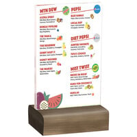 Menu Solutions WBCL-A 4" x 6" Clear Acrylic Table Tent with Solid Weathered Walnut Wood Base