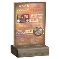 Menu Solutions WBCL-E 5 1/2" x 8 1/2" Clear Acrylic Table Tent with Solid Weathered Walnut Wood Base