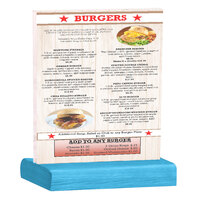 Menu Solutions WBCL-C 8 1/2" x 11" Clear Acrylic Table Tent with Solid Sky Blue Wood Base