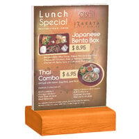 Menu Solutions WBCL-E 5 1/2" x 8 1/2" Clear Acrylic Table Tent with Solid Mandarin Wood Base