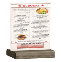 Menu Solutions WBCL-C 8 1/2" x 11" Clear Acrylic Table Tent with Solid Weathered Walnut Wood Base