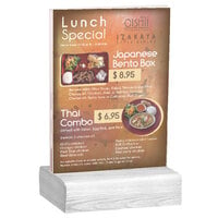 Menu Solutions WBCL-E 5 1/2" x 8 1/2" Clear Acrylic Table Tent with Solid White Wash Wood Base
