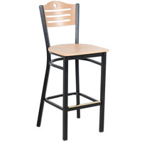 Lancaster Table & Seating Black Finish Side Bar Stool with Natural Wood Seat and Back - Detached Seat