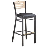 Lancaster Table & Seating Black Finish Side Bar Stool with Black Vinyl Seat and Natural Wood Back
