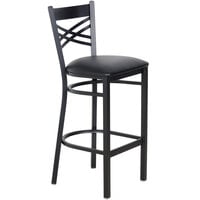 Lancaster Table & Seating Black Finish Cross Back Bar Stool with 2 1/2 inch Black Vinyl Padded Seat - Detached