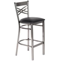 Lancaster Table & Seating Clear Coat Finish Cross Back Bar Stool with 2 1/2" Black Vinyl Padded Seat - Detached