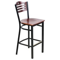 Lancaster Table & Seating Black Finish Side Bar Stool with Mahogany Wood Seat and Back
