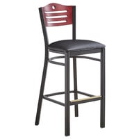 Lancaster Table & Seating Black Finish Bistro Bar Stool with Black Vinyl Seat and Mahogany Wood Back