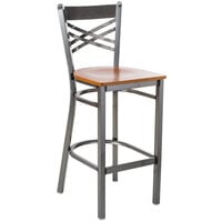 Lancaster Table & Seating Clear Coat Finish Cross Back Bar Stool with Cherry Wood Seat - Detached