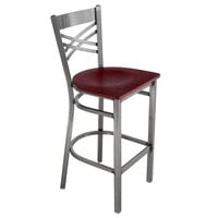 Lancaster Table & Seating Clear Coat Finish Cross Back Bar Stool with Mahogany Wood Seat - Detached