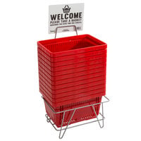 Regency Red 16 3/4" x 11 13/16" Plastic Grocery Market Shopping Baskets with Stand and Sign