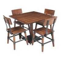Lancaster Table & Seating Industrial 36" Square Antique Walnut Solid Wood Live Edge Standard Height Table with 4 Chairs