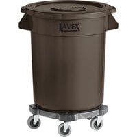 Lavex Brown Round Commercial Trash Can with Lid and Dolly