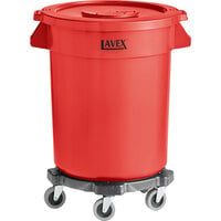 Lavex 20 Gallon Red Round Commercial Trash Can with Lid and Dolly