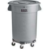 Lavex Gray Round Commercial Trash Can with Lid and Dolly